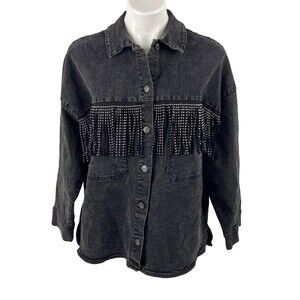 Blue B Collection Women Large Denim Jacket Cowboy Stud Fringe Black NWT